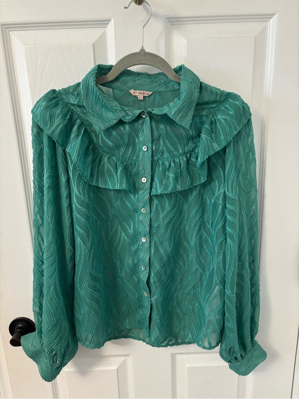 ESQUALO Teal Ruffle-Trim Sheer Button-Down Blouse